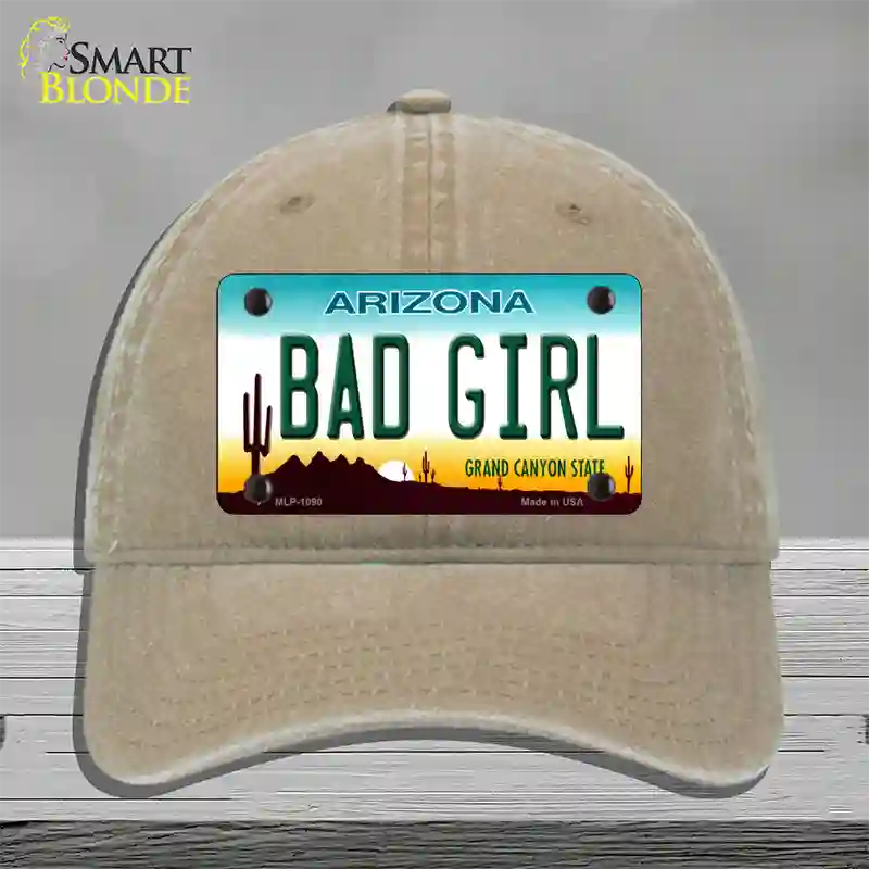 Bad Girl Arizona Novelty License Plate Hat Unconstructed Cotton / Khaki