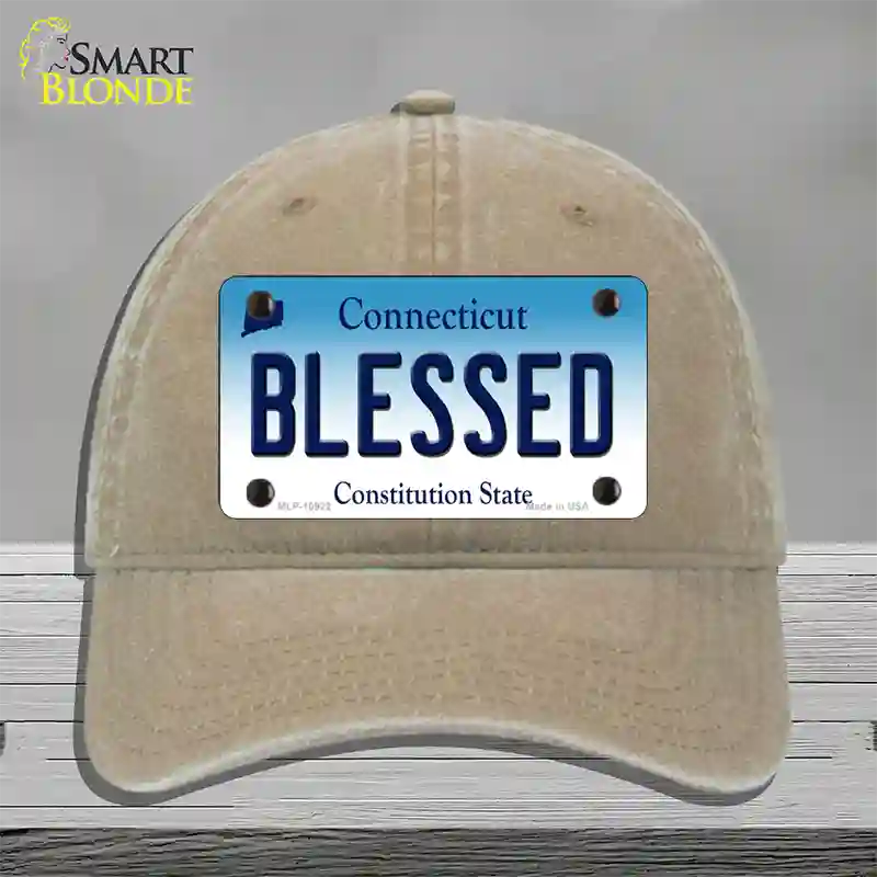 Blessed Connecticut Novelty License Plate Hat Unconstructed Cotton / Khaki