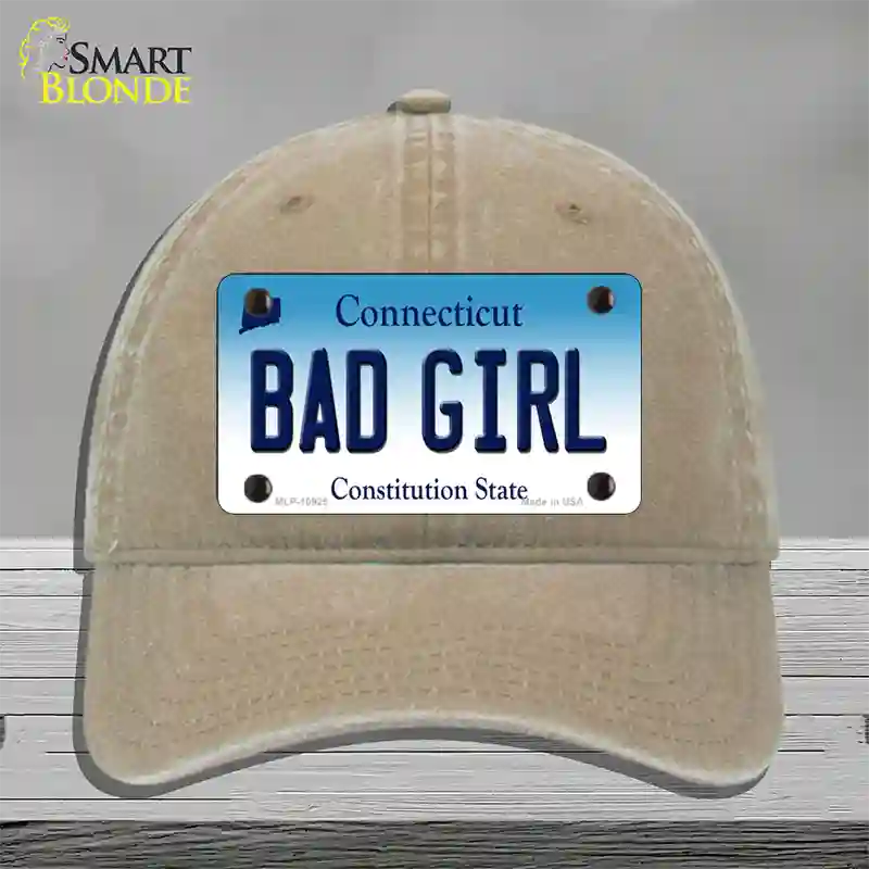 Bad Girl Connecticut Novelty License Plate Hat Unconstructed Cotton / Khaki