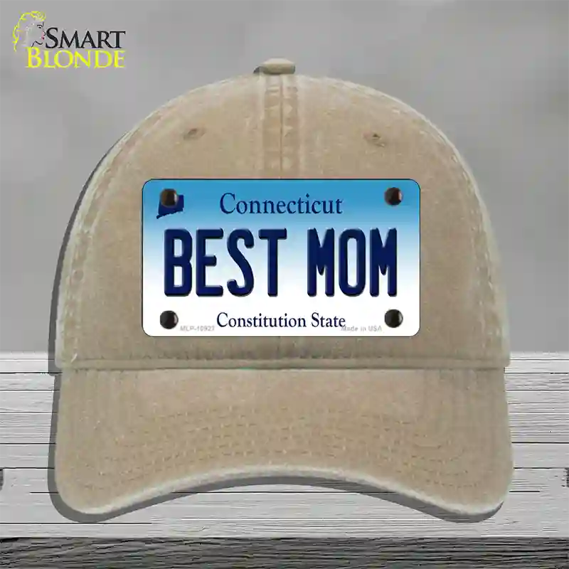 Best Mom Connecticut Novelty License Plate Hat Unconstructed Cotton / Khaki