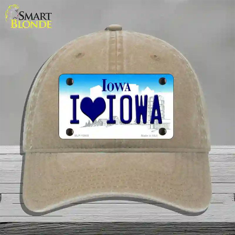 I Love Iowa Novelty License Plate Hat Unconstructed Cotton / Khaki