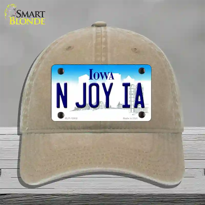 N Joy IA Iowa Novelty License Plate Hat Unconstructed Cotton / Khaki