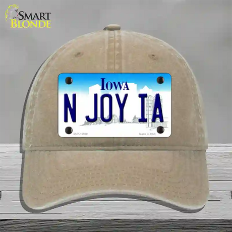 N Joy IA Iowa Novelty License Plate Hat Unconstructed Cotton / Khaki