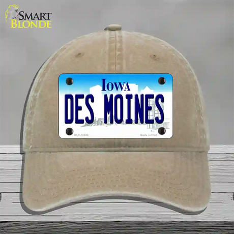 Des Moines Iowa Novelty License Plate Hat Unconstructed Cotton / Khaki