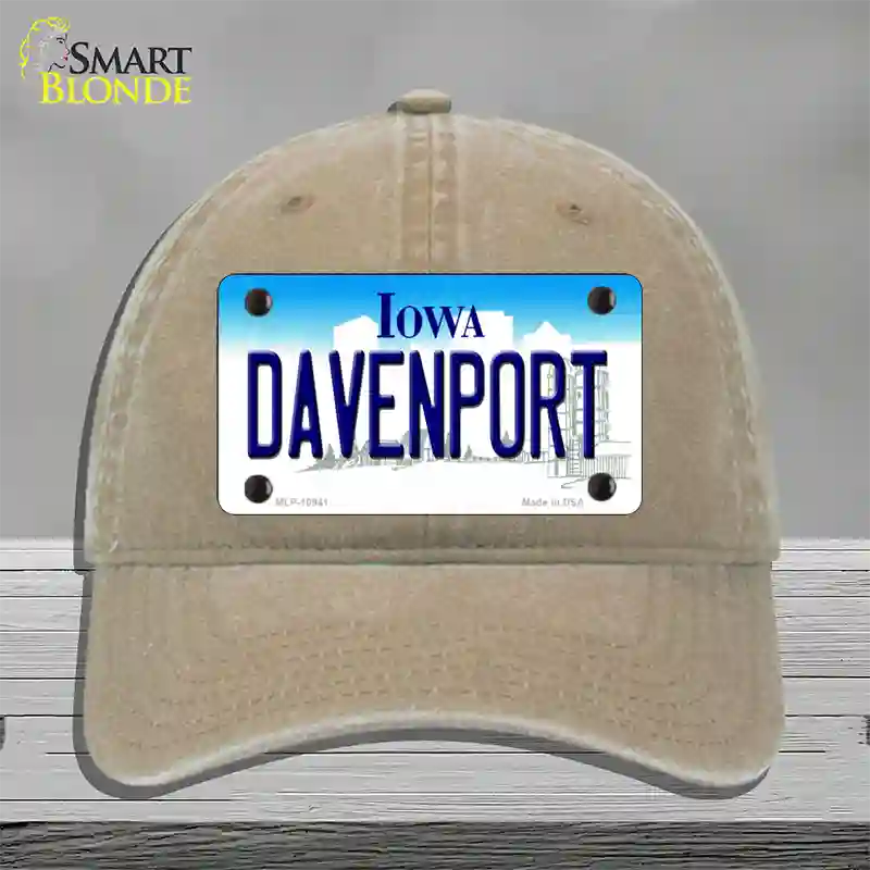 Davenport Iowa Novelty License Plate Hat Unconstructed Cotton / Khaki