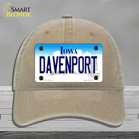 Davenport Iowa Novelty License Plate Hat Unconstructed Cotton / Khaki