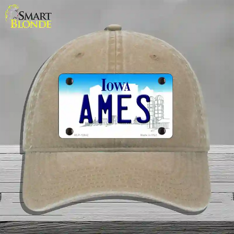 Ames Iowa Novelty License Plate Hat Unconstructed Cotton / Khaki