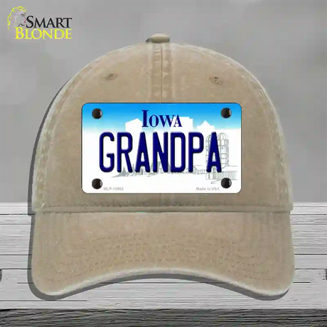 Grandpa Iowa Novelty License Plate Hat Unconstructed Cotton / Khaki