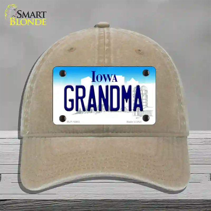 Grandma Iowa Novelty License Plate Hat Unconstructed Cotton / Khaki