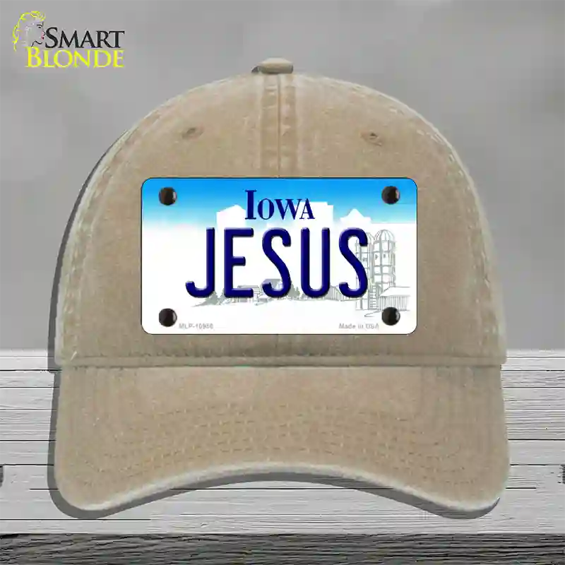 Jesus Iowa Novelty License Plate Hat Unconstructed Cotton / Khaki