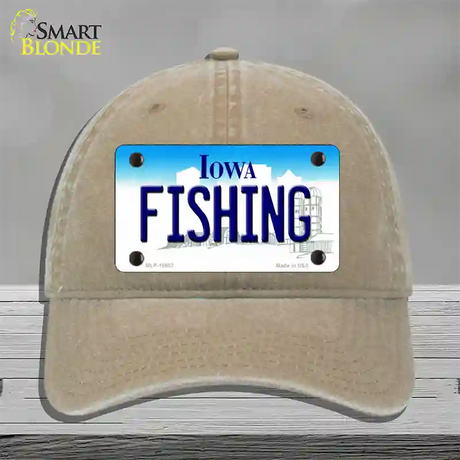 Fishing Iowa Novelty License Plate Hat Unconstructed Cotton / Khaki