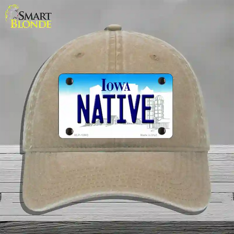 Native Iowa Novelty License Plate Hat Unconstructed Cotton / Khaki