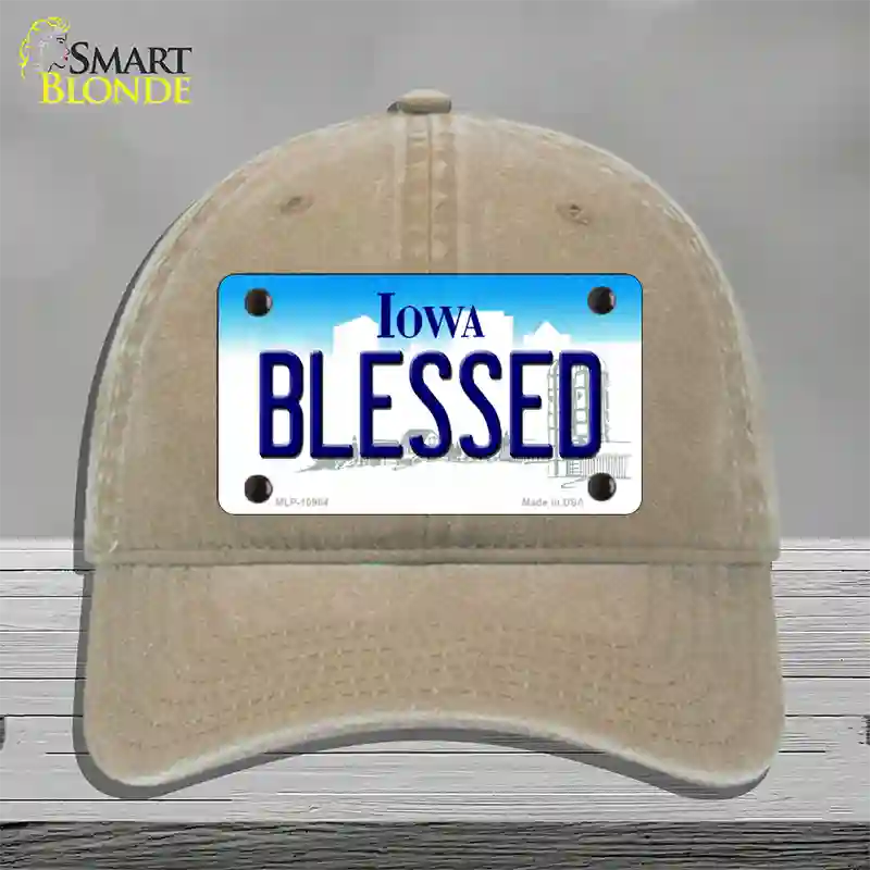 Blessed Iowa Novelty License Plate Hat Unconstructed Cotton / Khaki