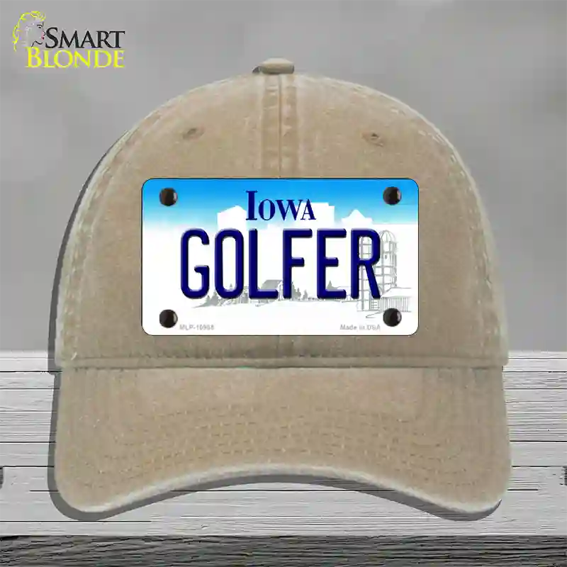 Golfer Iowa Novelty License Plate Hat Unconstructed Cotton / Khaki