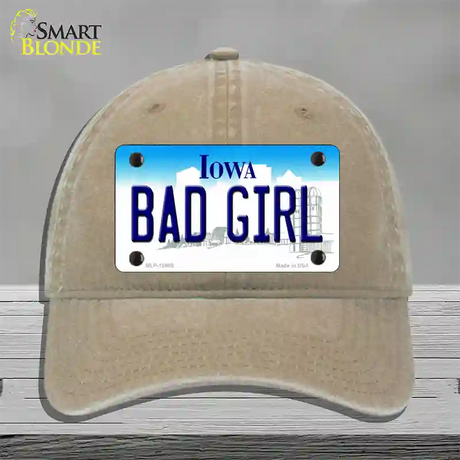 Bad Girl Iowa Novelty License Plate Hat Unconstructed Cotton / Khaki