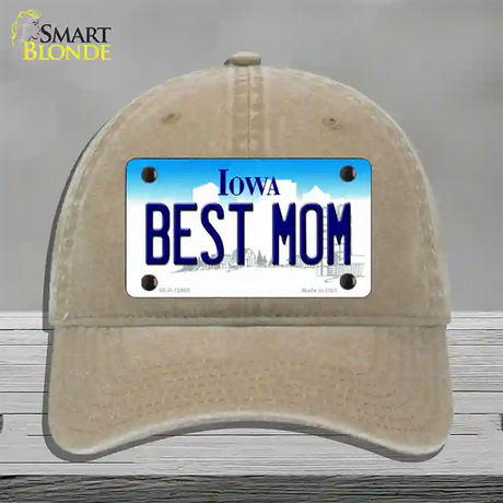 Best Mom Iowa Novelty License Plate Hat Unconstructed Cotton / Khaki