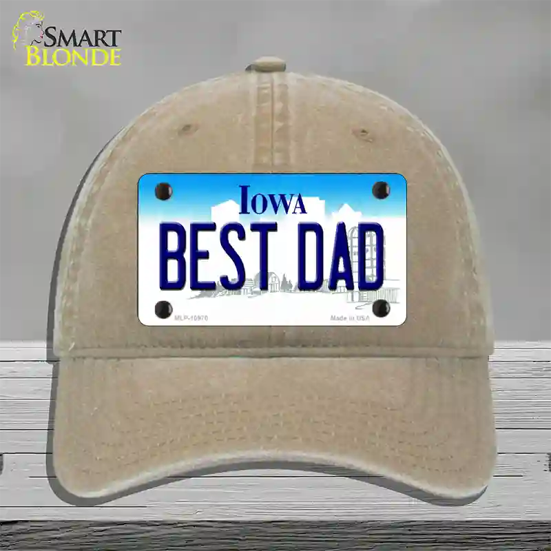 Best Dad Iowa Novelty License Plate Hat Unconstructed Cotton / Khaki