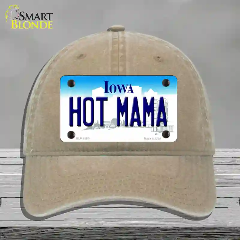 Hot Mama Iowa Novelty License Plate Hat Unconstructed Cotton / Khaki