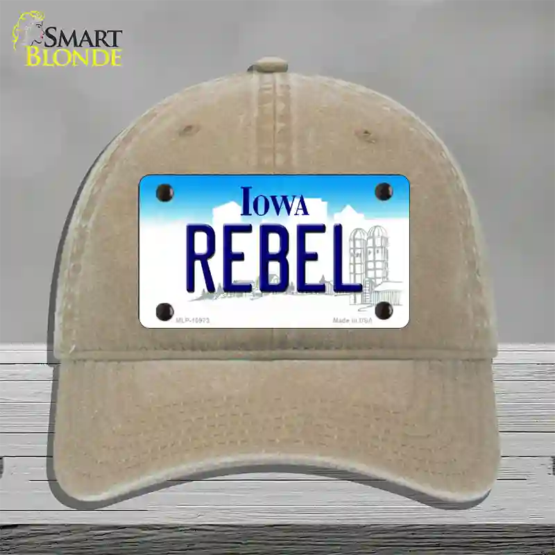 Rebel Iowa Novelty License Plate Hat Unconstructed Cotton / Khaki