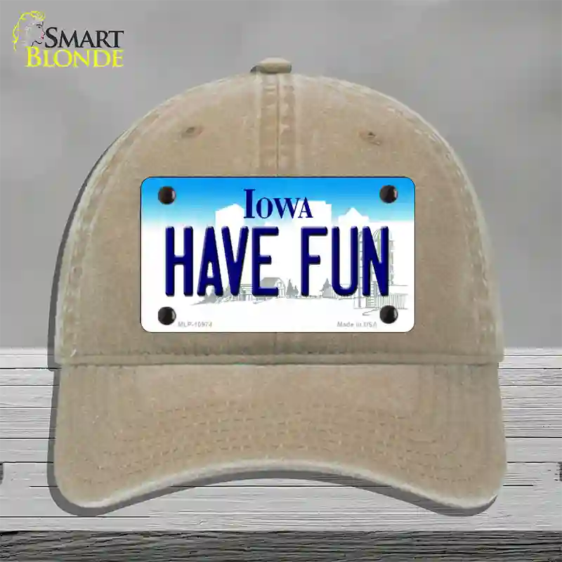 Have Fun Iowa Novelty License Plate Hat Unconstructed Cotton / Khaki