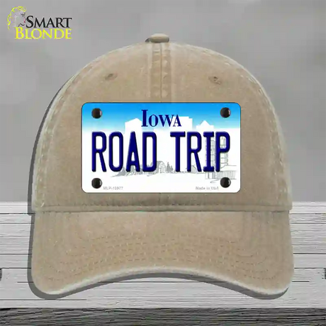 Road Trip Iowa Novelty License Plate Hat Unconstructed Cotton / Khaki