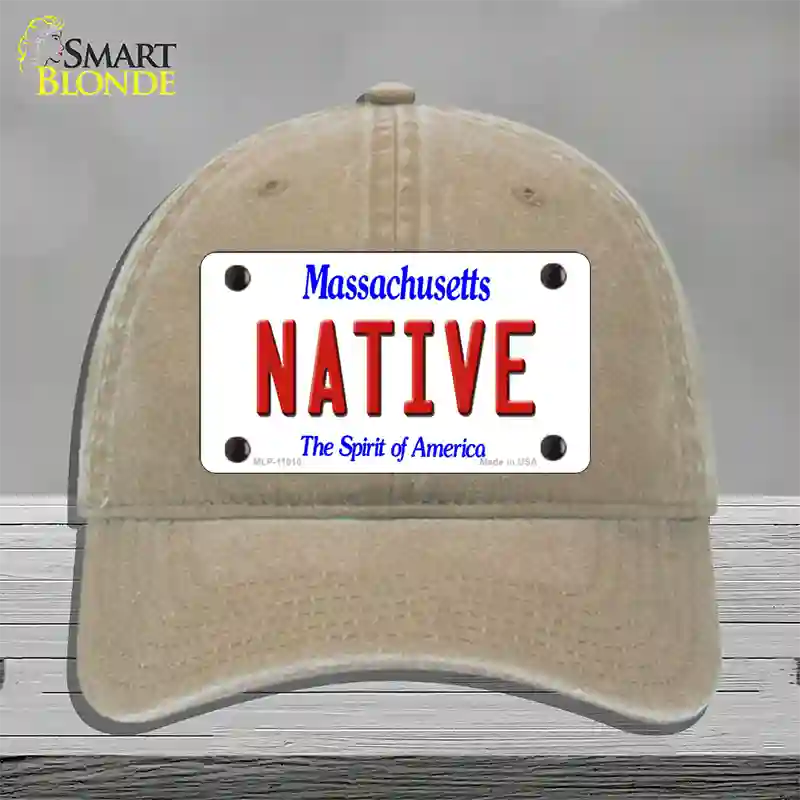 Native Massachusetts Novelty License Plate Hat Unconstructed Cotton / Khaki