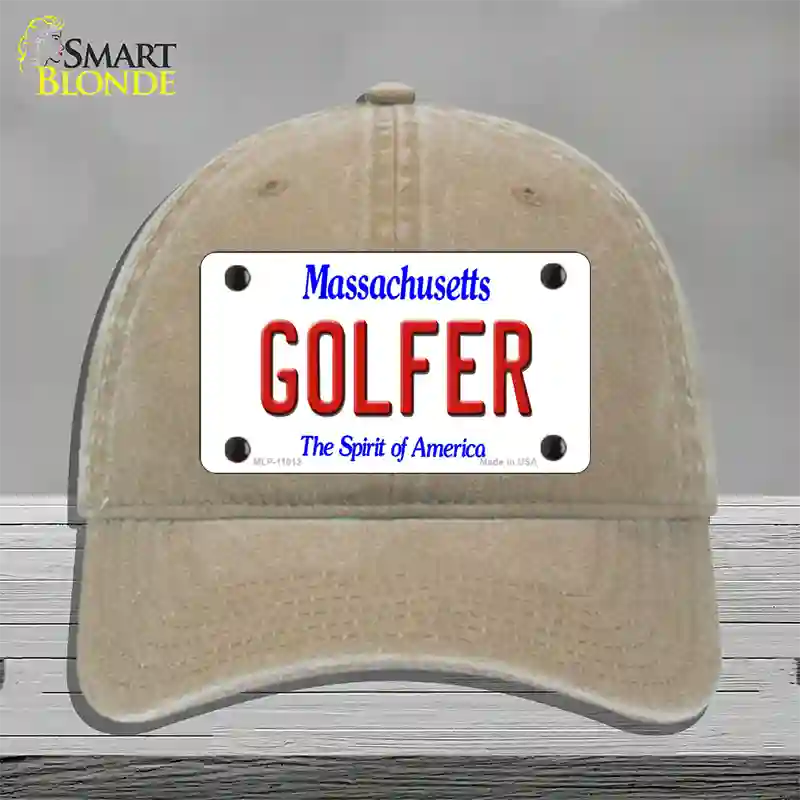 Golfer Massachusetts Novelty License Plate Hat Unconstructed Cotton / Khaki