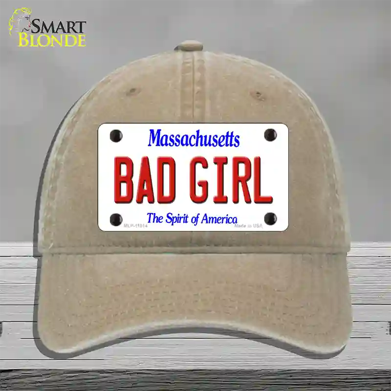 Bad Girl Massachusetts Novelty License Plate Hat Unconstructed Cotton / Khaki