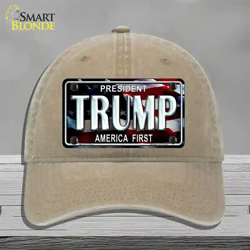 Trump America First Novelty License Plate Hat Unconstructed Cotton / Khaki