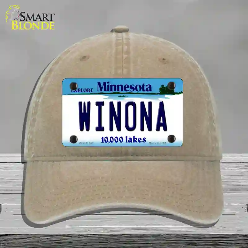 Winona Minnesota State Novelty License Plate Hat Unconstructed Cotton / Khaki