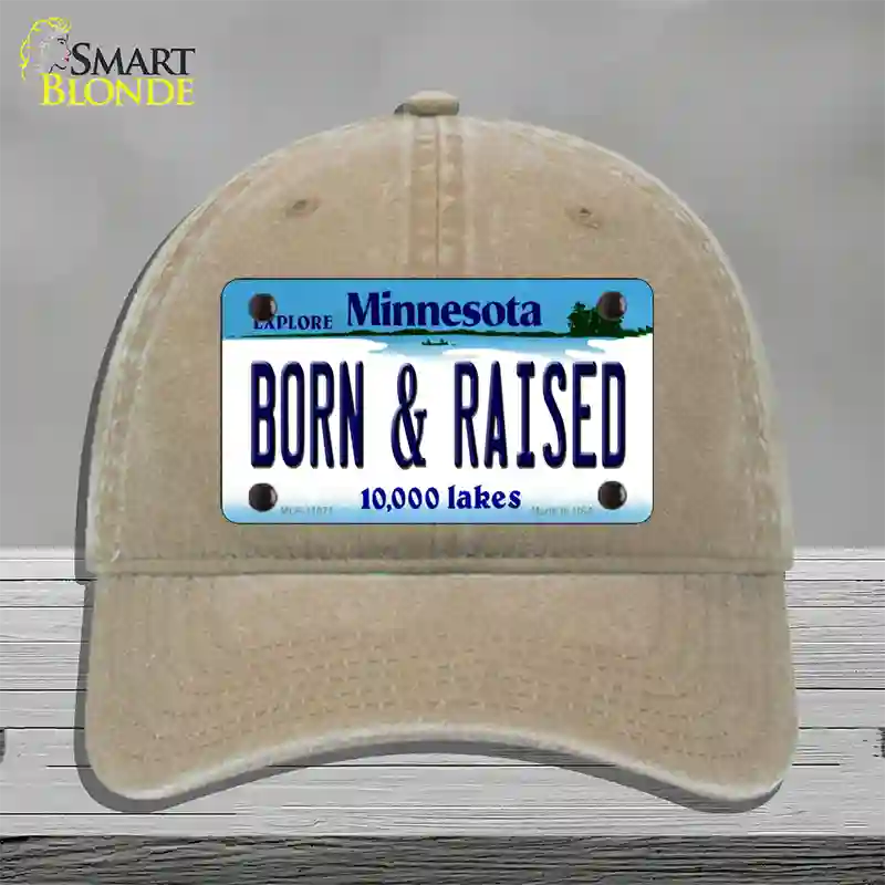 Born and Raised Minnesota State Novelty License Plate Hat Unconstructed Cotton / Khaki