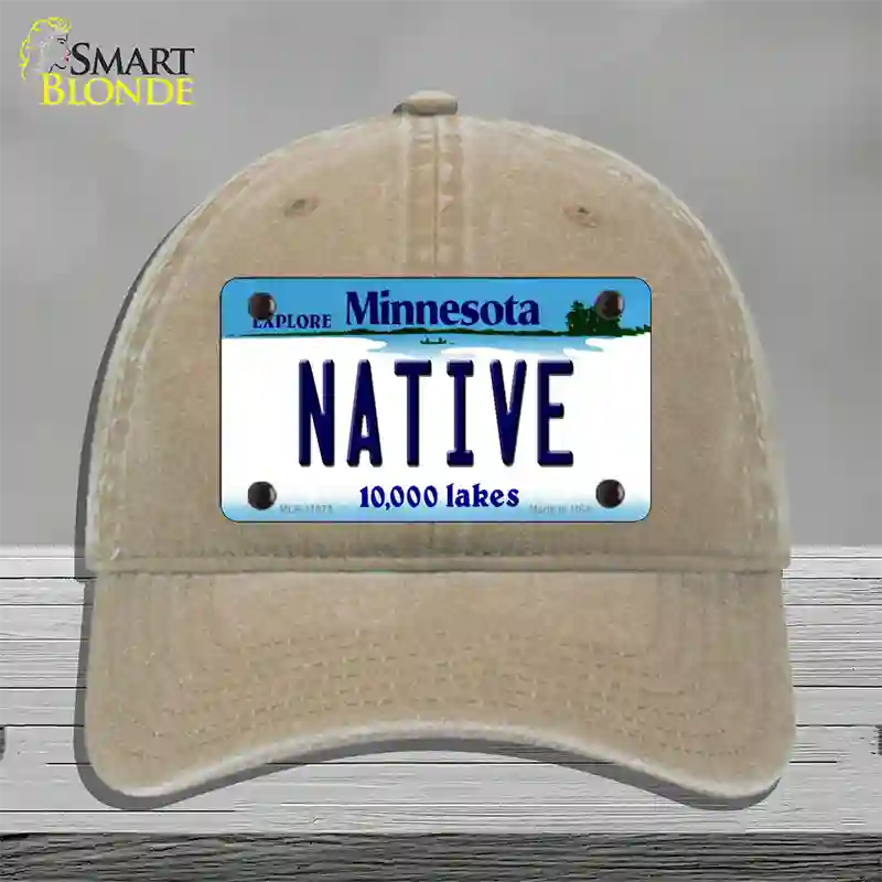 Native Minnesota State Novelty License Plate Hat Unconstructed Cotton / Khaki