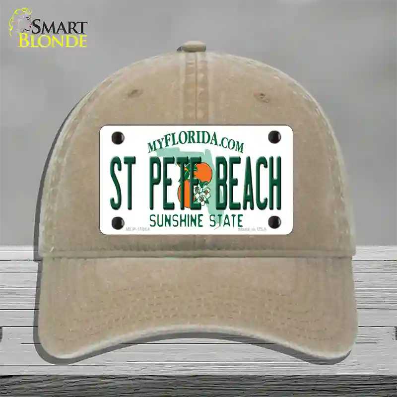 St Pete Beach Florida Novelty License Plate Hat Unconstructed Cotton / Khaki