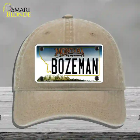 Bozeman Montana State Novelty License Plate Hat Unconstructed Cotton / Khaki