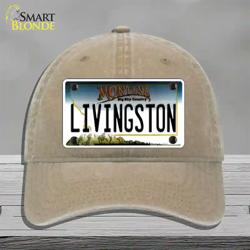 Livingston Montana State Novelty License Plate Hat Unconstructed Cotton / Khaki