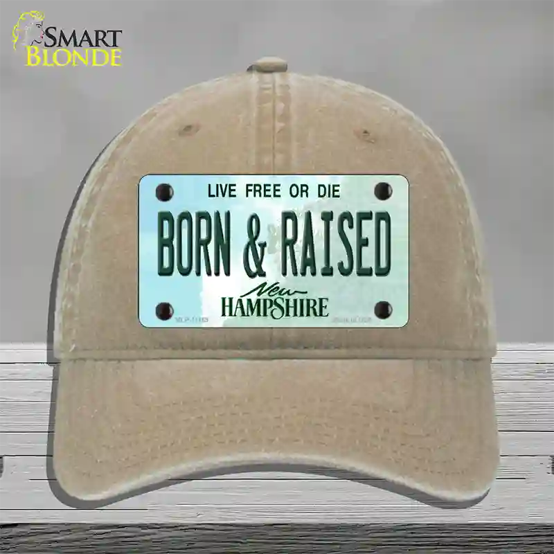 Born and Raised New Hampshire State Novelty License Plate Hat Unconstructed Cotton / Khaki