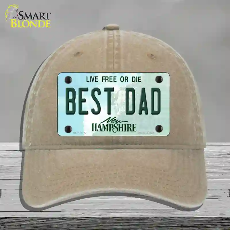 Best Dad New Hampshire State Novelty License Plate Hat Unconstructed Cotton / Khaki