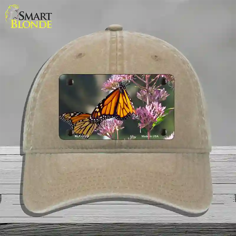 Butterfly Monarch On Flower Novelty License Plate Hat Unconstructed Cotton / Khaki