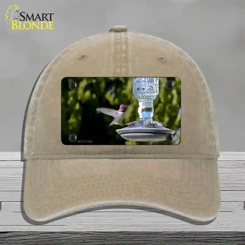 Hummingbird At Feeder Novelty License Plate Hat Unconstructed Cotton / Khaki