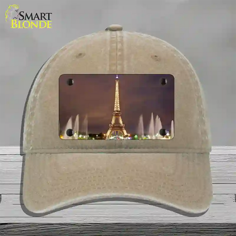 Eiffel Tower Night With Fountain Novelty License Plate Hat Unconstructed Cotton / Khaki