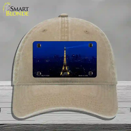 Eiffel Tower Night With City Skyline Novelty License Plate Hat Unconstructed Cotton / Khaki