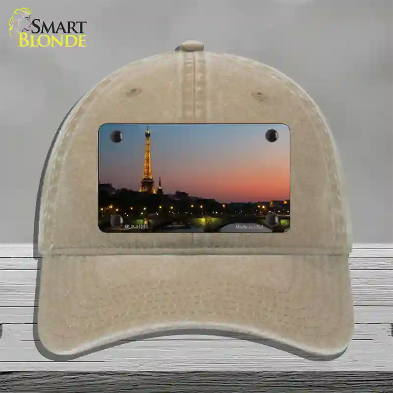 Eiffel Tower Night With River and Bridge Novelty License Plate Hat Unconstructed Cotton / Khaki