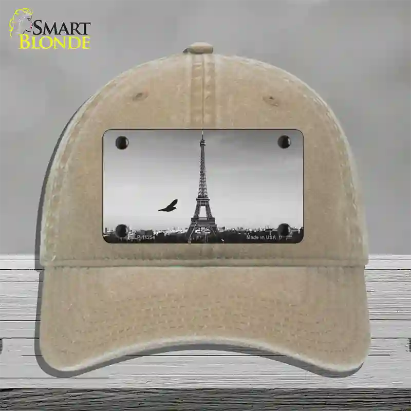 Eiffel Tower Black and White With Bird Novelty License Plate Hat Unconstructed Cotton / Khaki