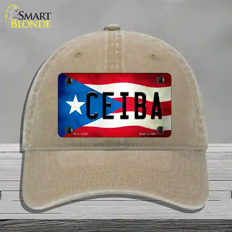 Ceiba Puerto Rico Flag Novelty License Plate Hat Unconstructed Cotton / Khaki