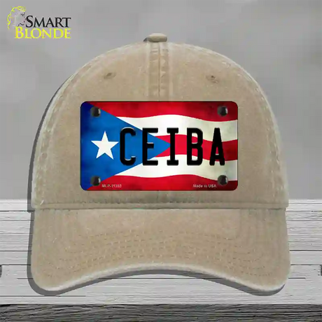 Ceiba Puerto Rico Flag Novelty License Plate Hat Unconstructed Cotton / Khaki