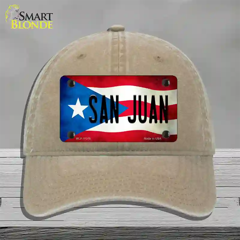 San Juan Puerto Rico Flag Novelty License Plate Hat Unconstructed Cotton / Khaki