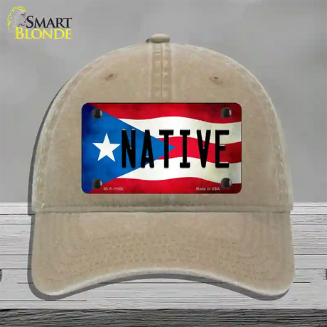 Native Puerto Rico Flag Novelty License Plate Hat Unconstructed Cotton / Khaki