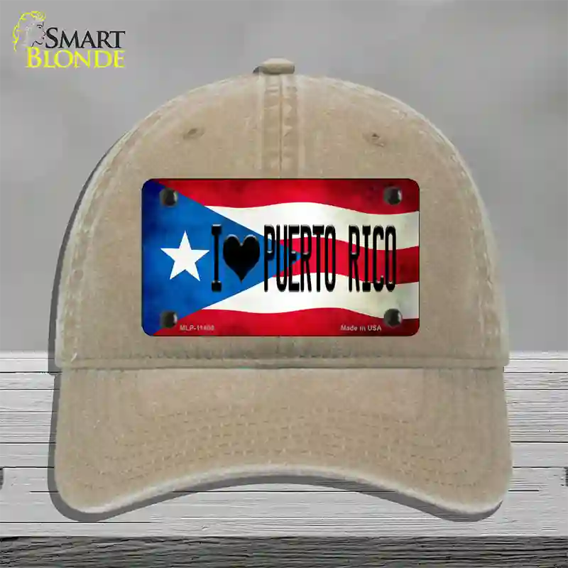 I Love Puerto Rico Flag Novelty License Plate Hat Unconstructed Cotton / Khaki