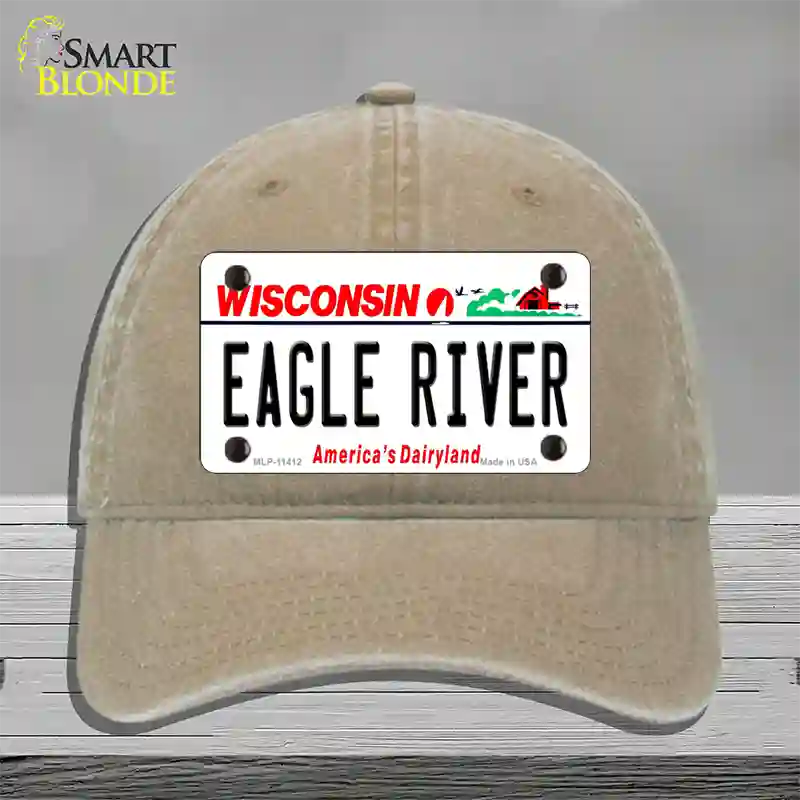 Eagle River Wisconsin Novelty License Plate Hat Unconstructed Cotton / Khaki