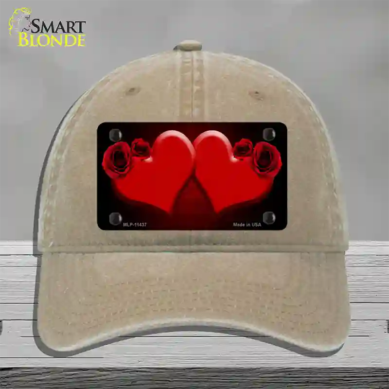 Hearts Over Roses In Red Novelty License Plate Hat Unconstructed Cotton / Khaki